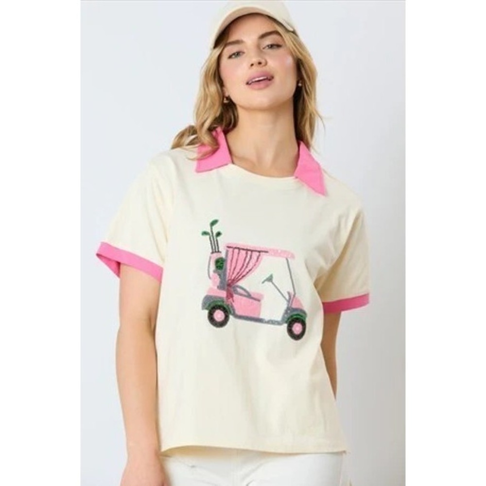 Fantastic Fawn Sequin‎ Golf Cart Top M Pink Collar Preppy Country Club